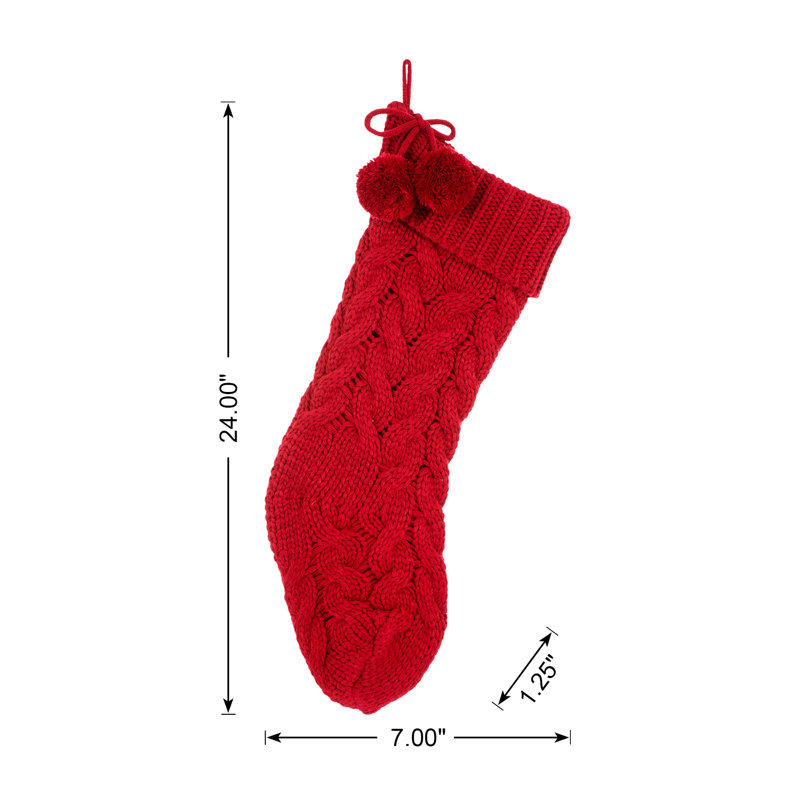 Chaussette de Noël en polyester tricoté 24 po avec boule de pompon - rouge