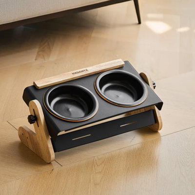 Ensemble de bols pour animaux de compagnie avec bol en céramique et support en fer et en bois, hauteur et angle réglables