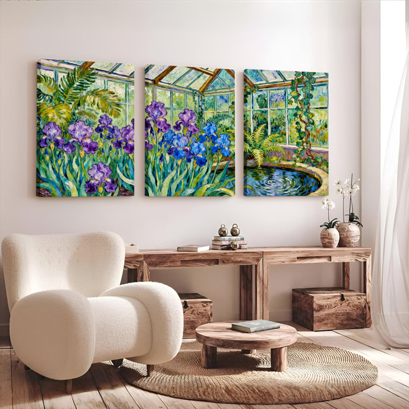 Ensemble de 3 tableaux muraux sur toile tendue « Jardin d'iris et serre »., H 30 po x l 60 po