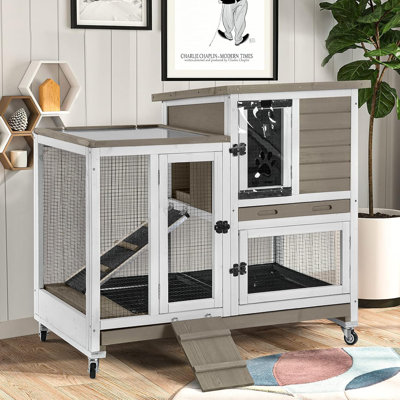 Large Rabbit Hutch with Removable Wire Netting, 2 Deep Trays, 4 Wheels, Sliding Door, and Extra Access Door