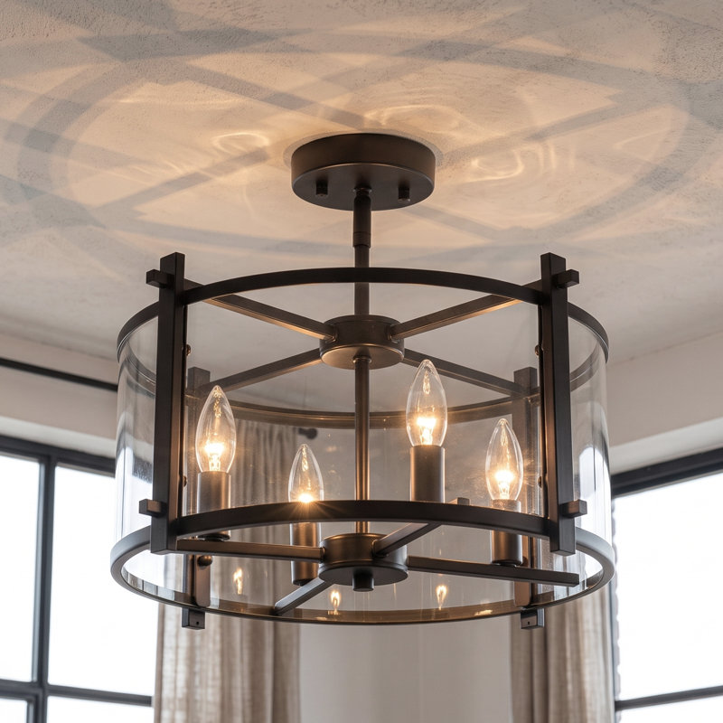 Plafonnier semi-encastré industriel moderne en verre transparent incurvé à 4 lumières 17,7 po