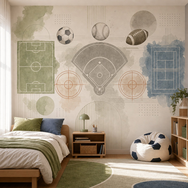 Aquarelle, papier peint texturé, sports, panneau mural, 140 po x 108 po, Peler et coller