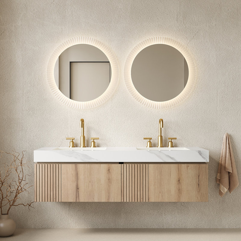 Meuble-lavabo 60 po, meuble-lavabo flottant 60 po, comptoir en pierre frittée blanc Carrara et 2 cuves en céramique avec 3 trous de robinet pré-percés, pré-assemblé, couleur grain de bois de chêne blanc