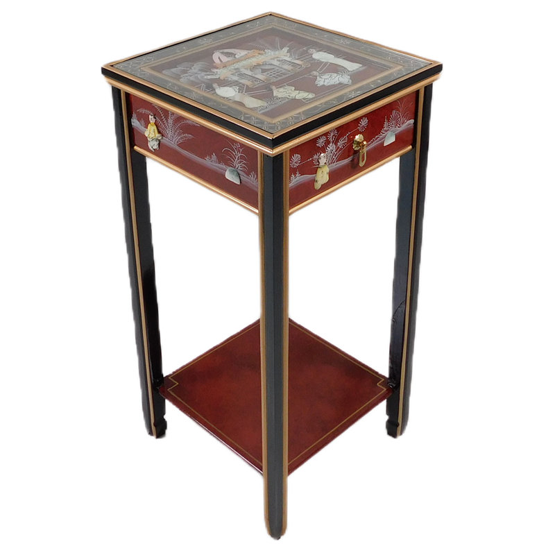 Oriental stand with drawer, shelf and glass top, Rouge