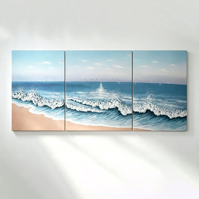 Triptyque sur toile texturé 3D en relief représentant une plage au bord de la mer