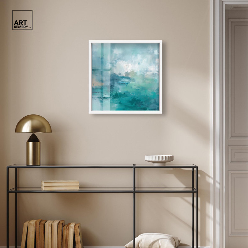 Art mural abstrait vert et bleu Shadowbox par Art Remedy, H 21 po x l 21 po, Blanc