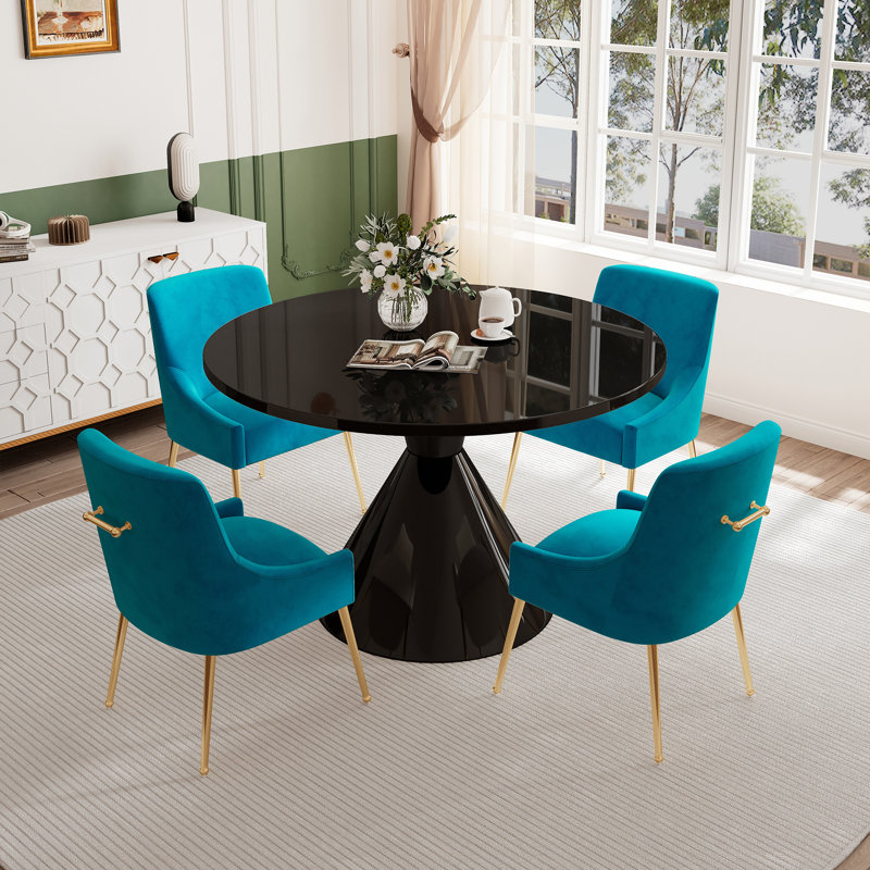 Magallanes 4 - Person Round Table Dining Set with Velvet Dining Chairs, Black, Light Blue