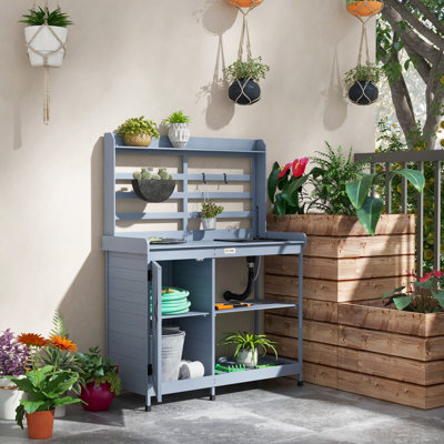 Gray Potting Bench With Sink And Storage, Wood - Convenient For Plant Care In Backyard, Patio, Balcony Tap Shelves, Functional