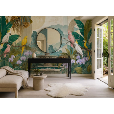 Tropical Parrot Wallpaper Orchid Leaves Botanical Wall Mural