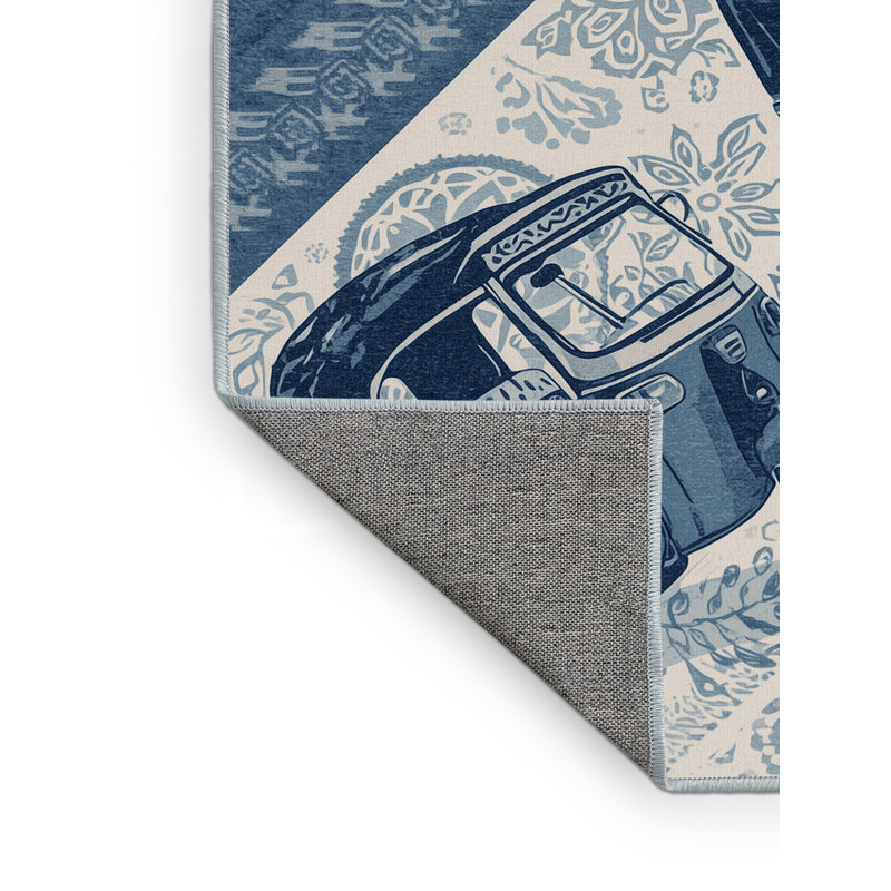 Machine Washable Kendari Tuk Tuk Rickshaw Bohemian Block Print Rug in Gray – SkyBlue Binding, 7x9