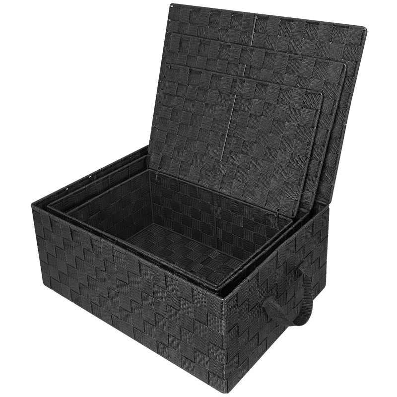 Black Woven Fabric Storage Baskets with Lids, Set of 3