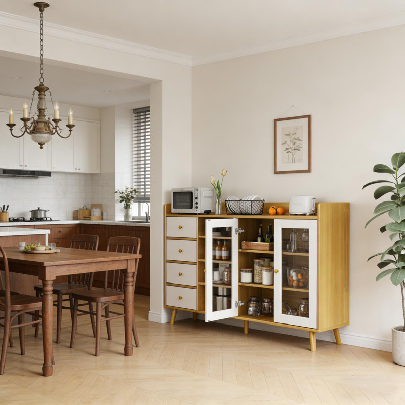 Buffet de 55 pouces avec tablettes réglables, tiroirs et portes en verre, Beige / Blanc