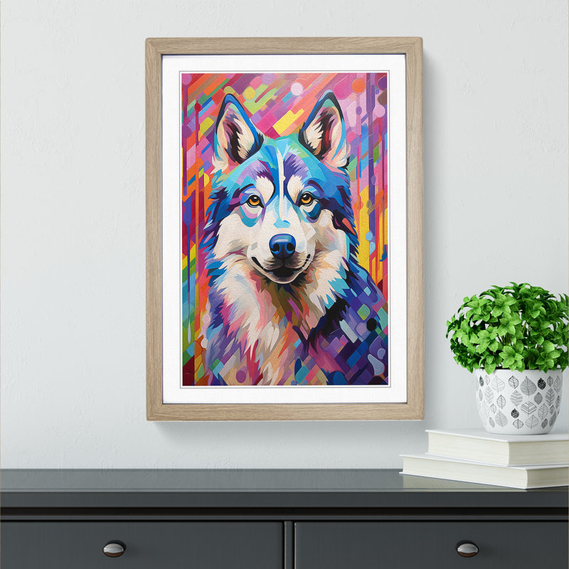Husky Colour Field - Framed Print, 64cm H x 46cm W x 2cm D, Oak Framed