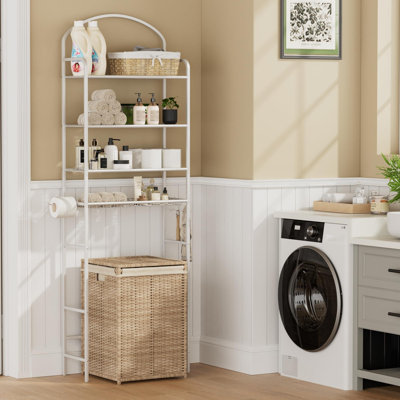 4-Tier Over The Toilet Storage, Bathroom Organizer, Space-Saving, Above Toilet Storage Rack With 4 Hooks And Paper Holder, Metal Shelf