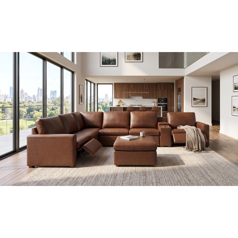 132" W Hudson Recliner Leather-Matched Sectional, Brown Faux Leather