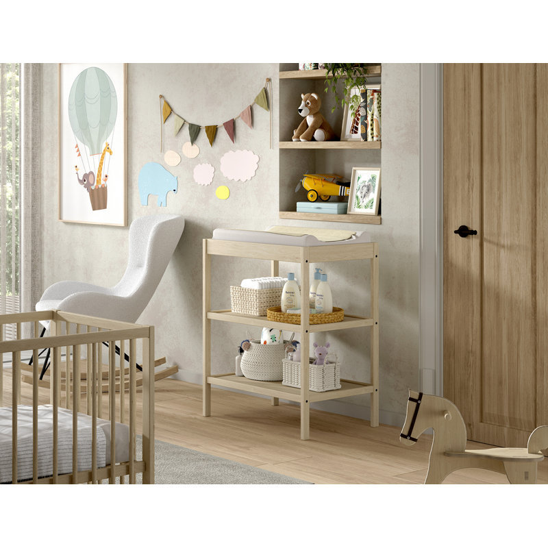 DINO changing and side shelf, with 3 shelves, solid beech wood, natural lacquered, Brown