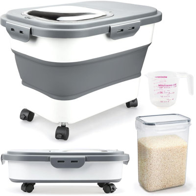 20-30Lb Collapsible Rice Storage Bin - Rolling Wheel Food Dispenser with Clear Airtight Lid - BPA-Free Container for Flour, Sugar, Cereal & Pet Food