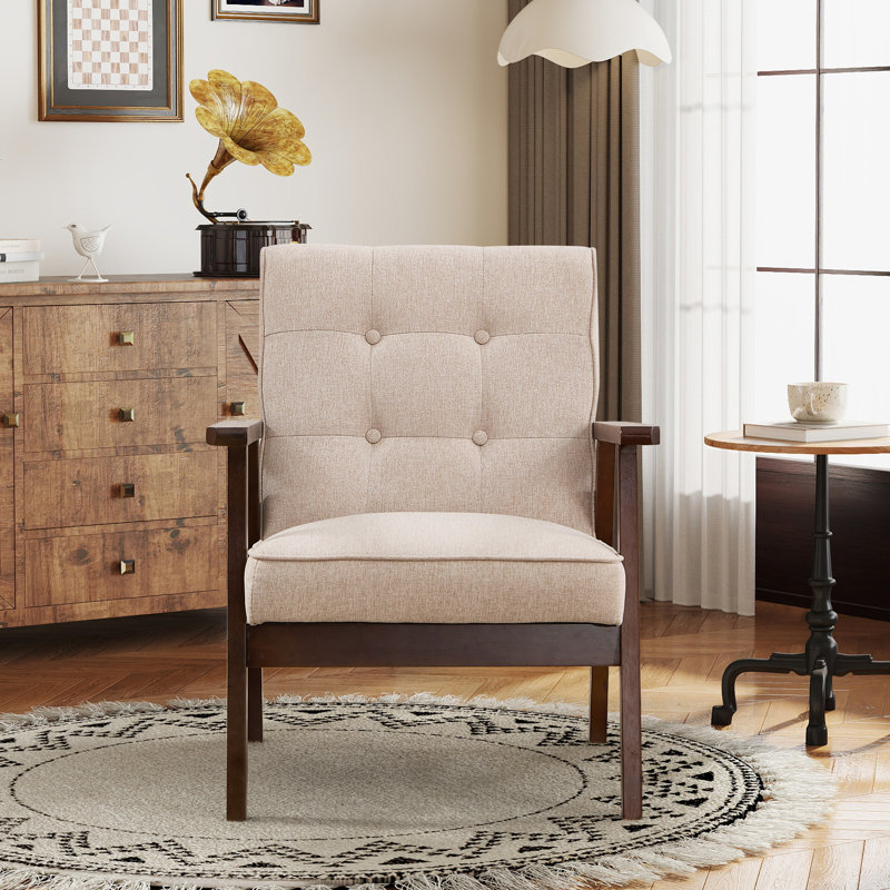 Salma 25" W Tufted Accent Chair with Solid Wood Legs, Beige Linen, 1