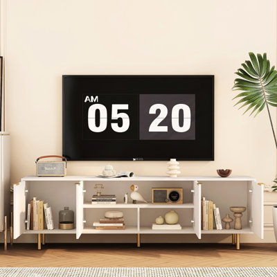 Meuble télé blanc avec rangement et prise de courant, cannelée de 68 po pour téléviseur de 70 à 79 po, meuble audio-vidéo, meuble console, salon moderne, 55 casiers centraux,