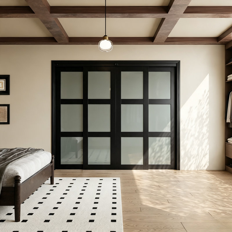  Cloison 80 po 3 pièces avec porte coulissante en verre givré noir, Panneau de verre, L 96 po x H 80 po, Noir