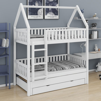 Playhouse Style Bunk Bed with Fence, Trundle Bed and Three Storage Drawers