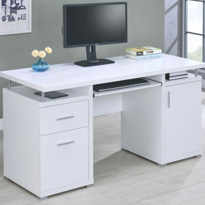 55" Office Computer Table With 2 Drawers, White Finish, Metal Ornaments, Plentiful Storage 55-inch Trim, Ample Options Provided