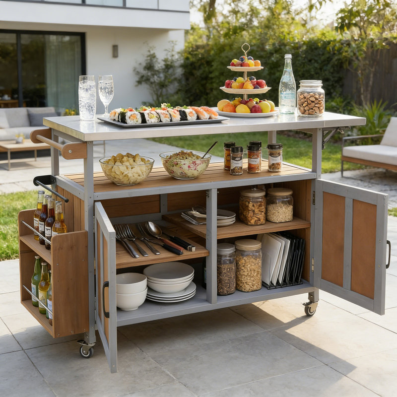 Foldable Outdoor Kitchen Island With Lockable Wheels And Towel Rack, Espresso/Gray
