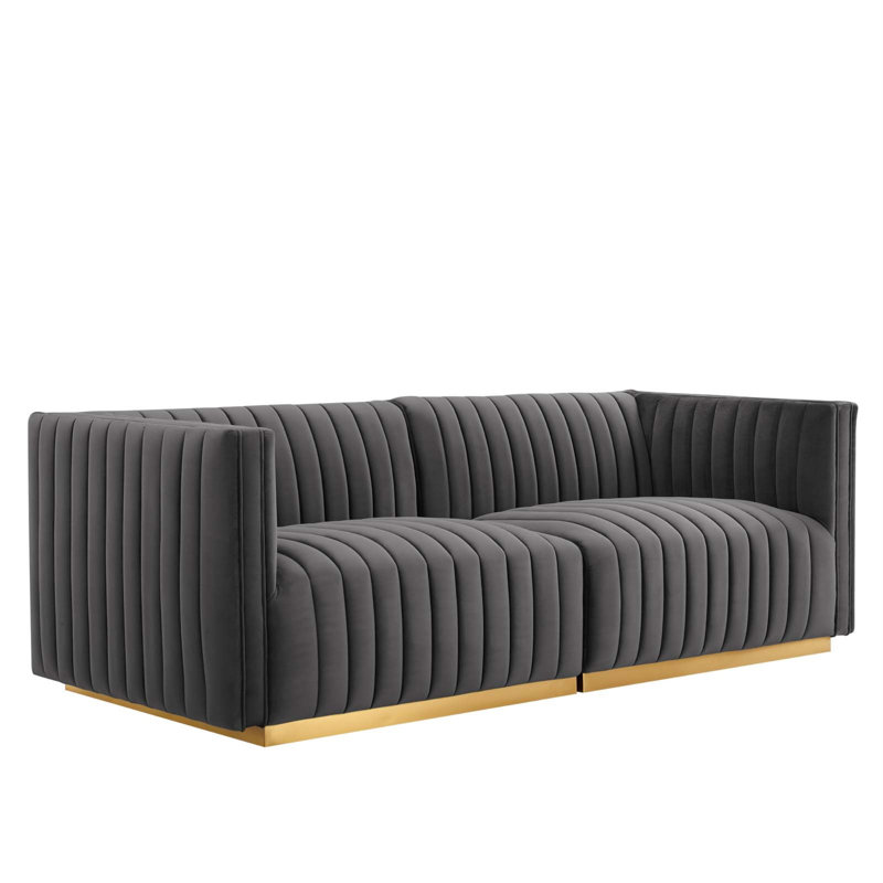 Conjure Channel Tufted Loveseat, Gray Velvet, Gold