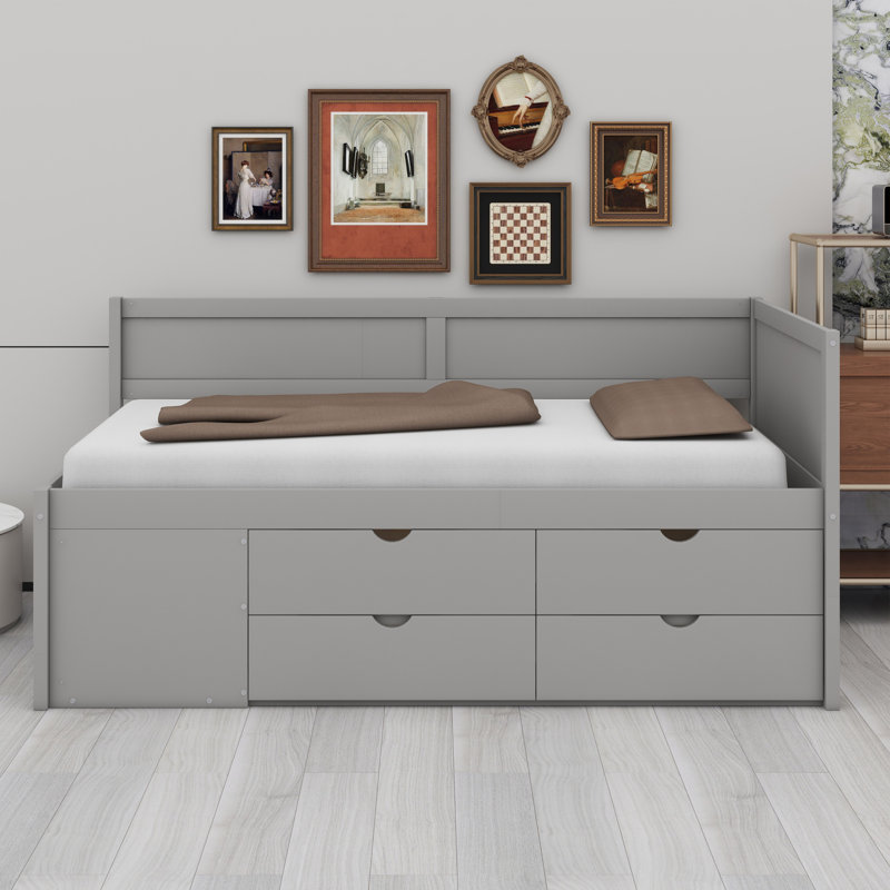 Lit de jour avec tiroirs et tablettes, gris