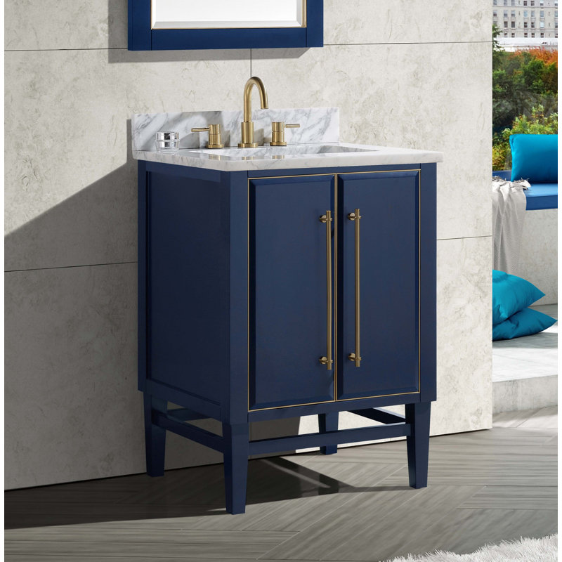 Mason 24" Single Bathroom Vanity with Carrara Marble Top, Carrara White, Matte Gold, Navy Blue