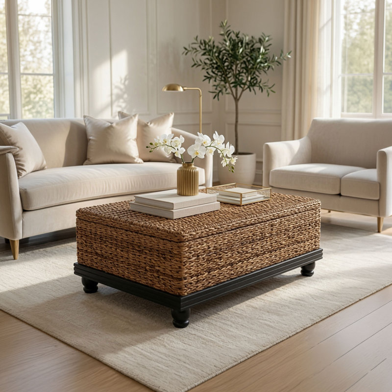 Table basse Jinu de 122 cm avec plateau en feuille de bananier tressée brun naturel,