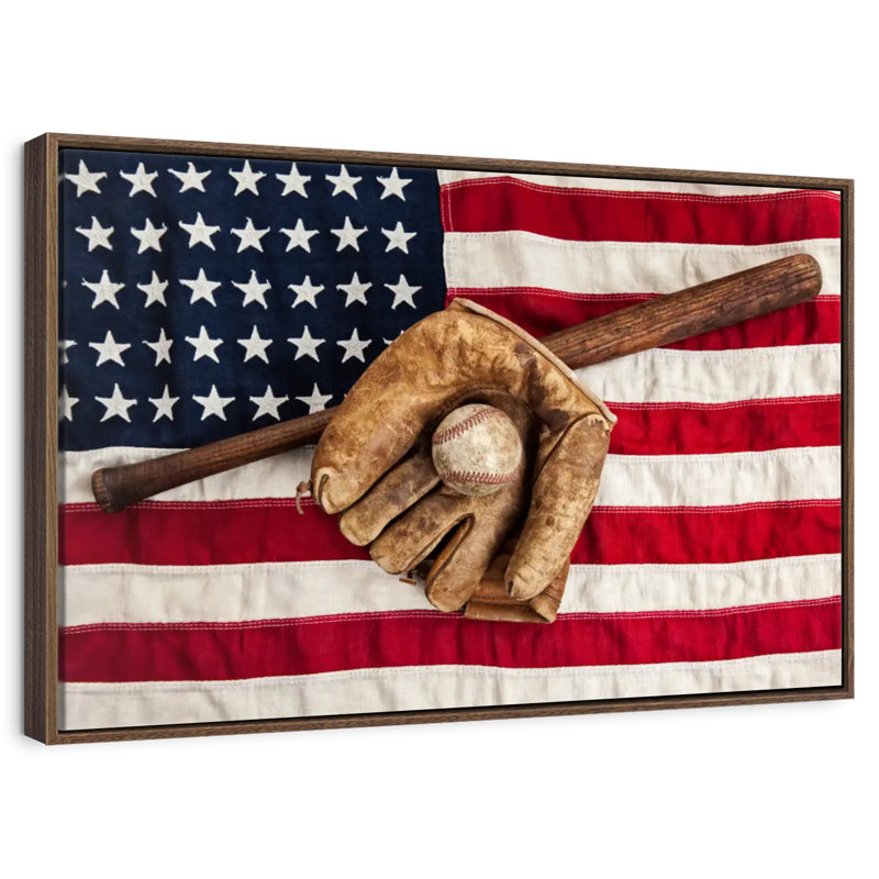Drapeau américain de l'équipement de baseball, 25 po x 17 po, Cadre flottant noyer