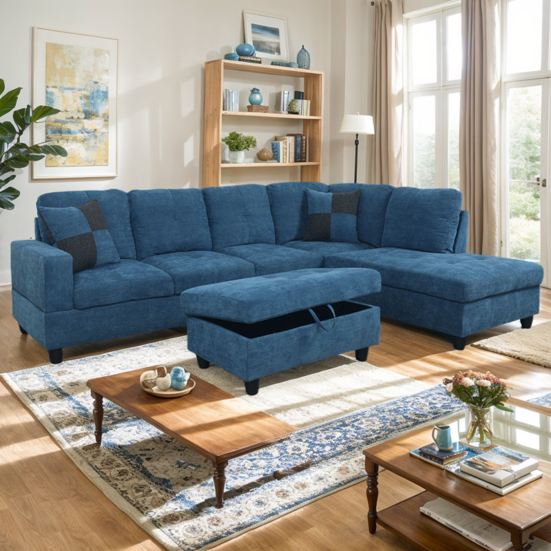 Canapé modulaire avec repose-pieds 103,5 po Tatiauna, Accoudoir à droite (vu de face), Velours bleu