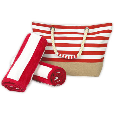 Sunnyville Canvas Beach Bag, Beach Tote Bag | Plus Two Plush Stripe Beach Towels Set 30"x60" | 3 Piece Set Bundle