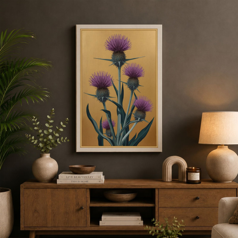 Purple Thistle Study Botanical - Wrapped Canvas, 30x20 - 76.2 x 50.8 cm, Cream Border