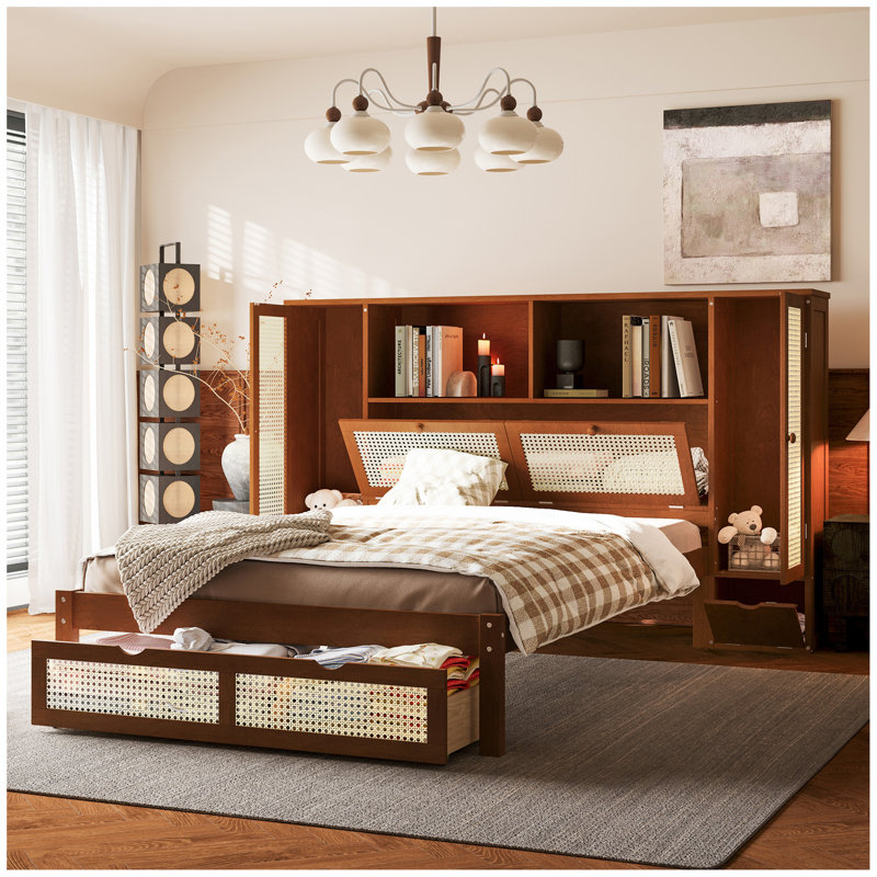 Lit simple en bois avec deux casiers de rangement, un tiroir et une tablette de rangement sur la tête de lit, lit plateforme multifonctionnel en rotin naturel