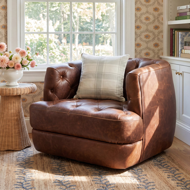Jamaris 37.5'' Wide Tufted Genuine Leather Top Grain Leather Swivel Barrel Chair