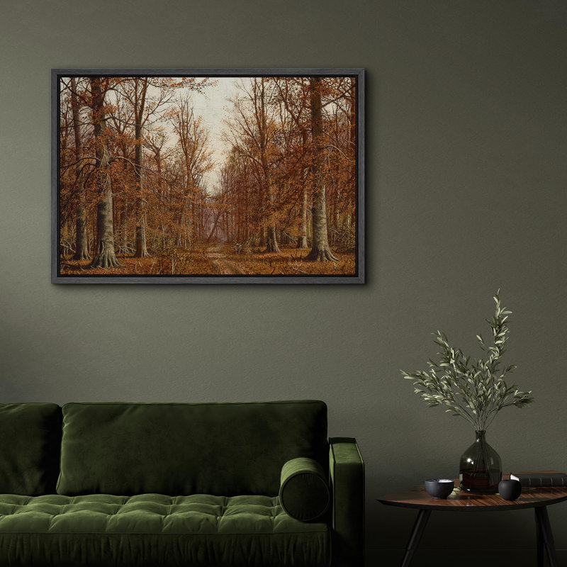 Automne «Forêt rustique avec feuilles tombantes» sur, Cadre flottant noir, H 16 po x l 24 po