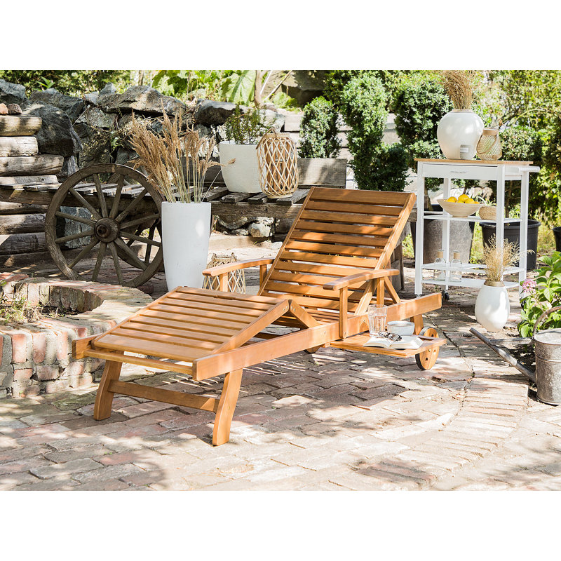 Brodbeck 196cm Long Reclining Acacia Single Chaise with Cushions, Light Wood