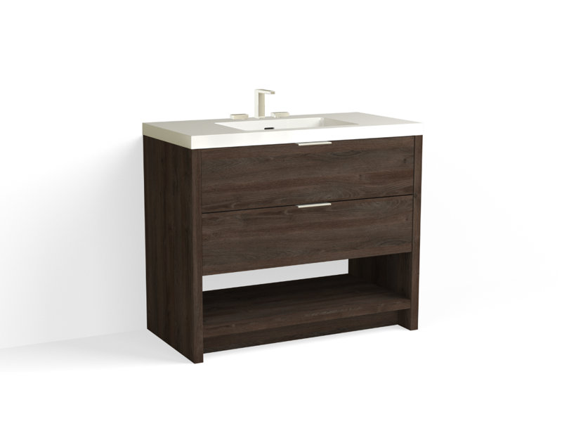 Vue 42" W Freestanding Single Bathroom Vanity, Satin Brass, White Nanomatte, Matte White/8" Widespread