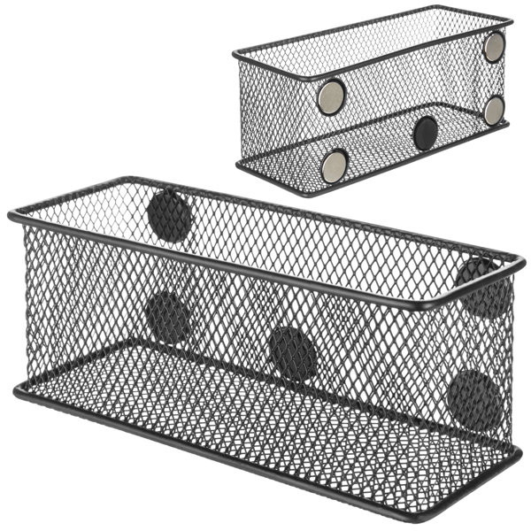 MyGift Magnetic Organizer Basket - Silver Wire Mesh Locker Storage Bin with Magnet, Rectangular Office Supplies Holder, Pencil, Pen, Marker Holder