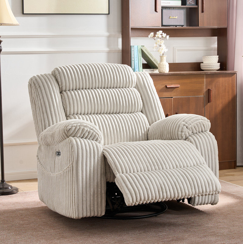 26'' Seat Wide Smooth Velvet Swivel Power Recliner Zero Gravity Reclining with USB Port, White