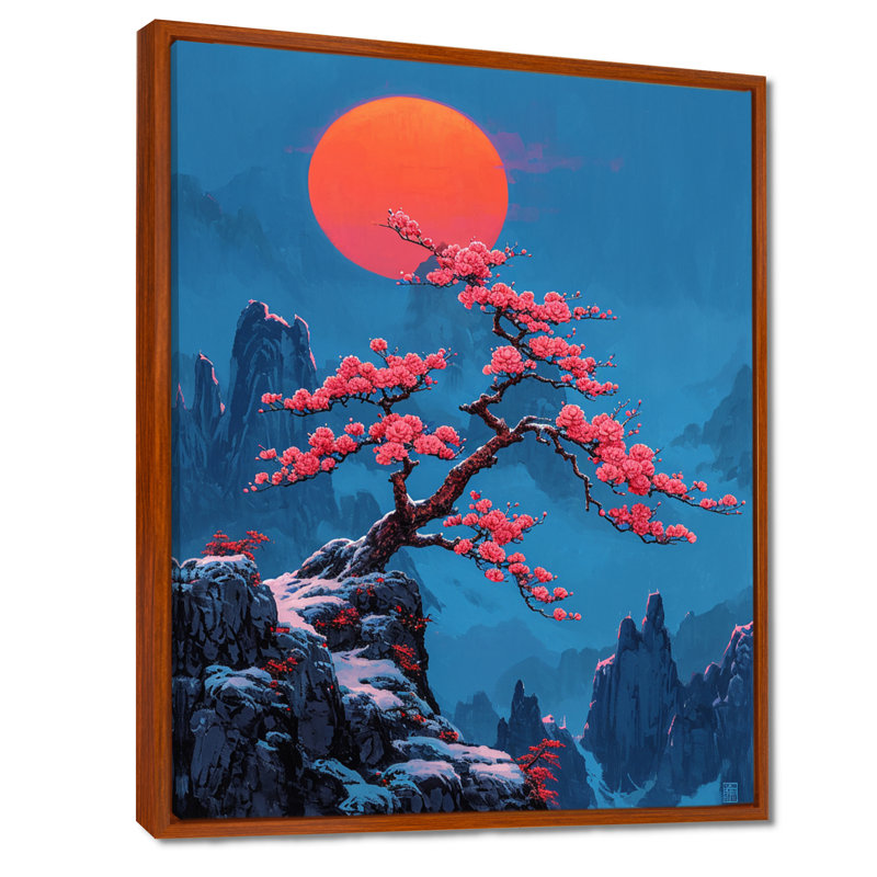 Fleur de cerisier - reproduction d'art murale arbre, Toile avec cadre flottant brun, H 32 po x l 24 po x P 1 po