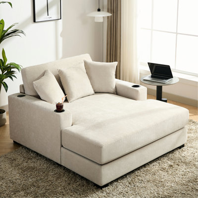 Chaise longue de 55 po en tissu chenille, station de charge, porte-gobelets et coussins amovibles en chenille crème moderne, station pour soirées tranquilles