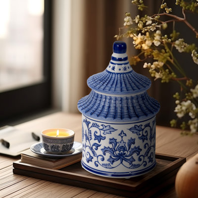 Goldene Ceramic Candle Jar Stoneware Pagoda-Inspired Design 8" Blue and White Home Decor