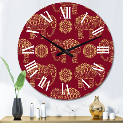 Indian Elephant and Mandala on Red - Patterned Wall Clock