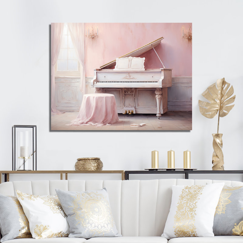 «Pink Pastel Piano Play I», reproduction sur toile, Cadre photo noir, H 34 po x l 44 po