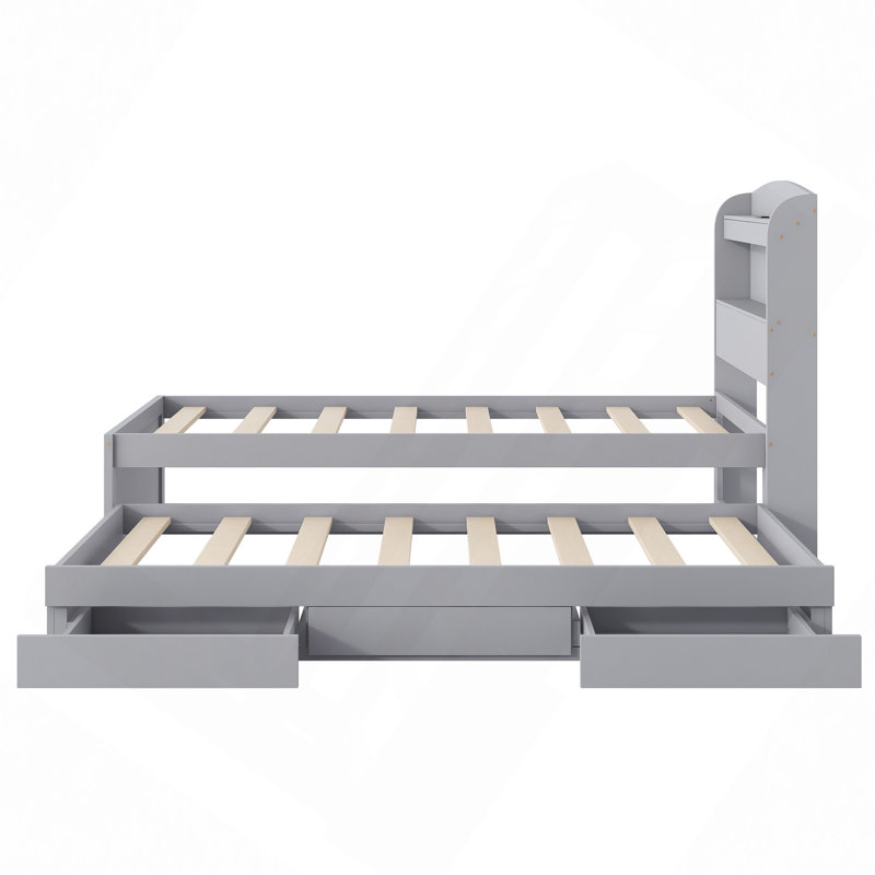 Lit plateforme simple TG avec tête de rangement à DEL, station de charge, lit gigogne simple et 2 tiroirs, Gris