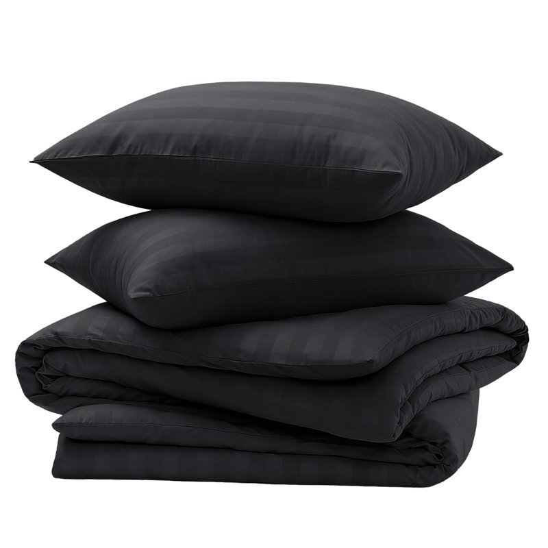 4-Piece Striped High Quality Duvet Cover Set with Fitted Sheet & 2 Pillowcases , Black