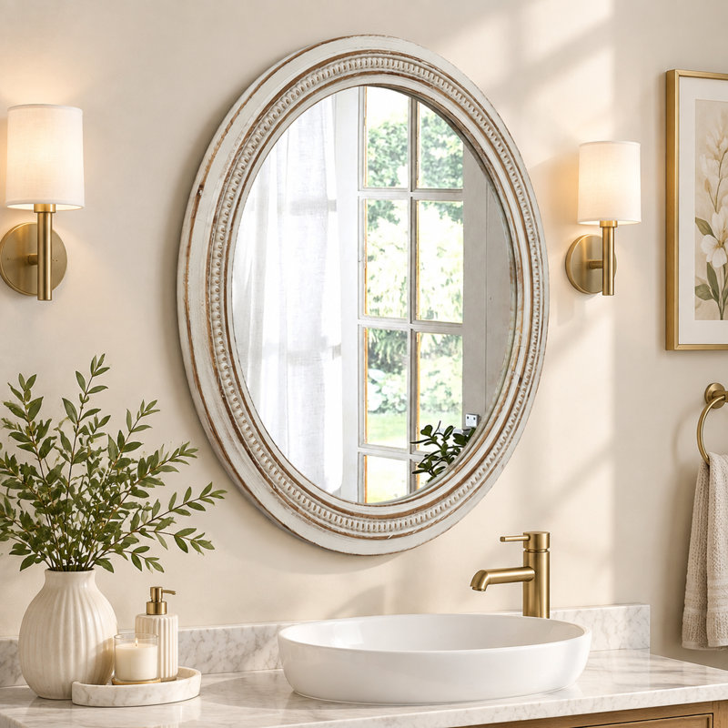Miroir mural vintage rétro avec cadre orné de perles, Bois blanc, bois naturel